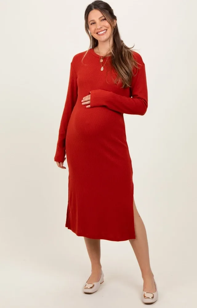 Red Ribbed Knit Long Sleeve Side Slit Maternity Midi Dress