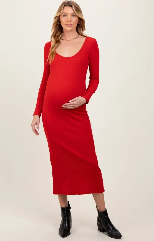 Red Scoop Neck Long Sleeve Maternity Midi Dress