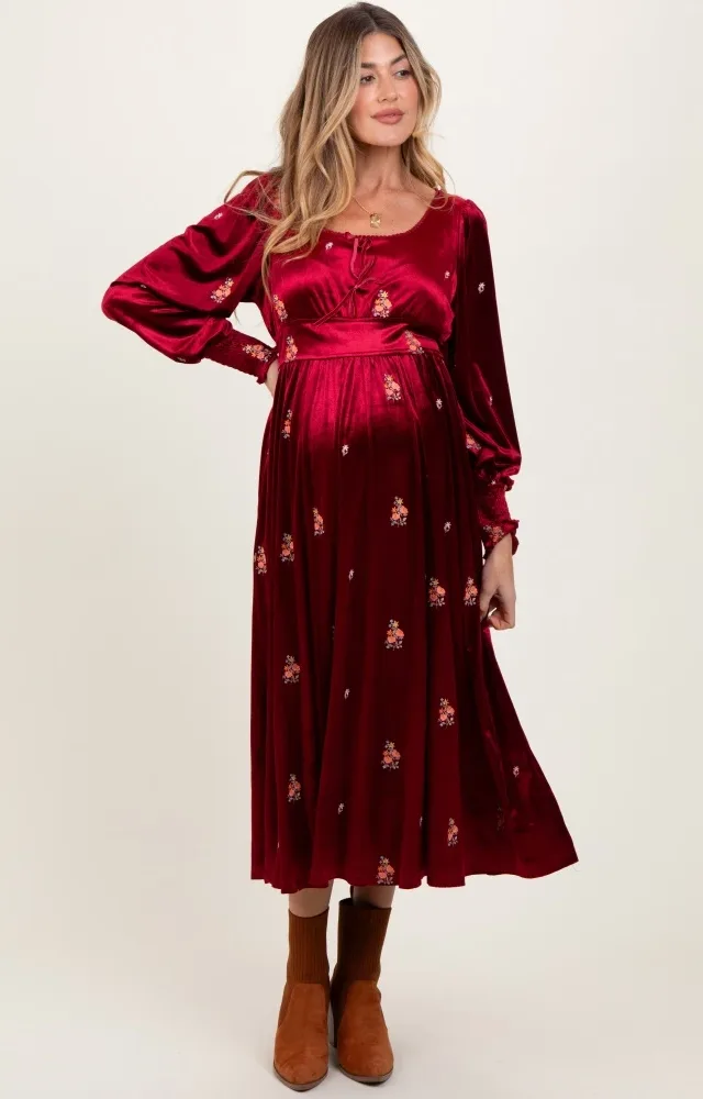 Red Velvet Embroidered Floral Maternity Midi Dress