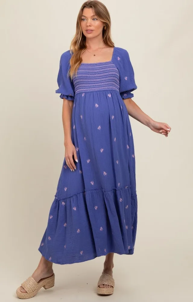 Royal Blue Gauze Smocked Embroidered Square Neck Maternity Midi Dress