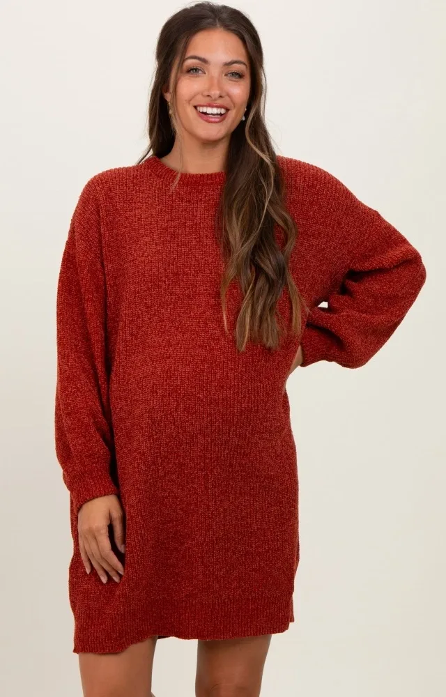 Rust Chenille Knit Maternity Sweater Dress