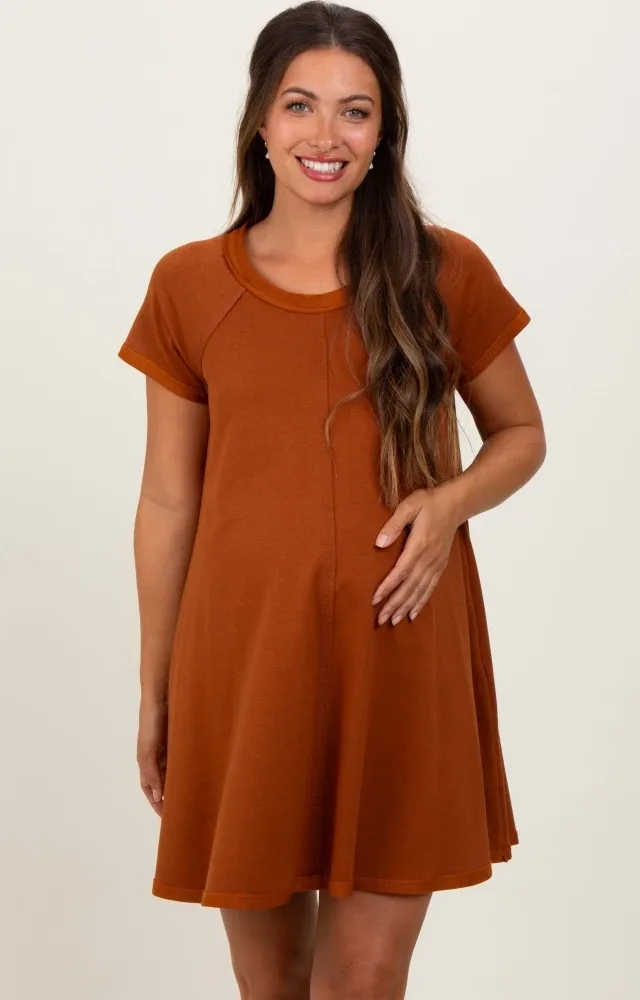 Rust French Terry Basic Short Sleeve Maternity Mini Dress