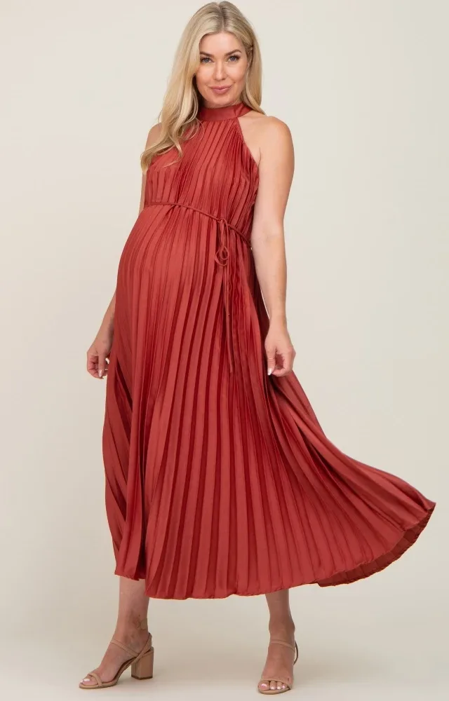 Rust Pleated Maternity Halter Dress