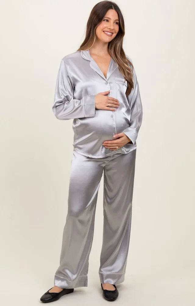 Silver Satin Contrast Trim Long Sleeve Maternity Pajama Set