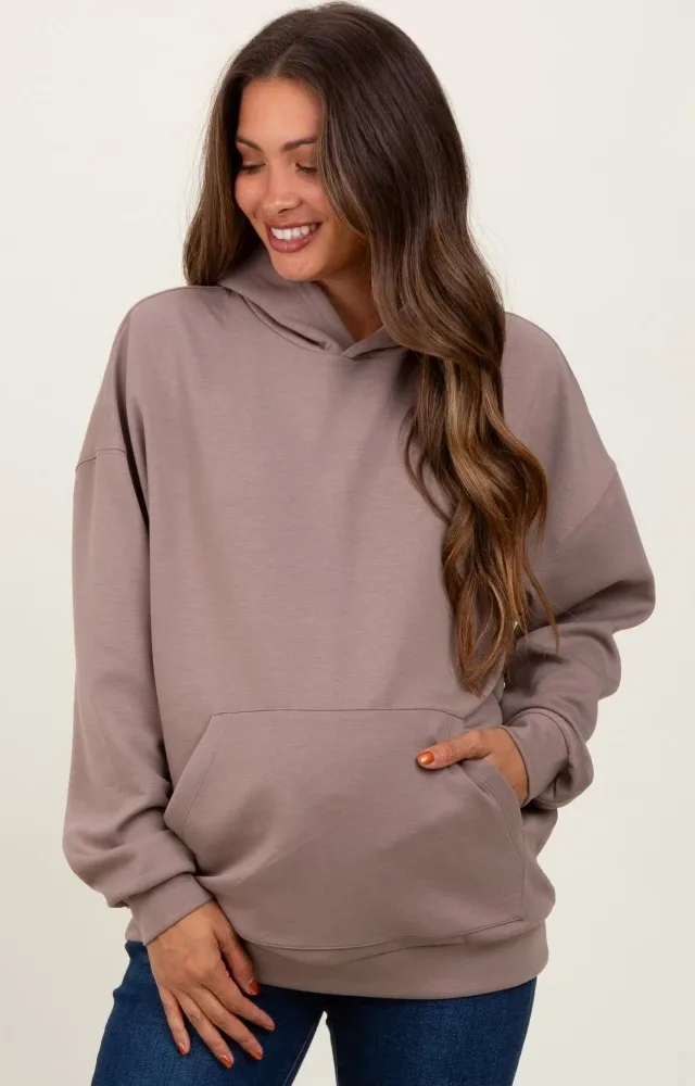 Taupe Basic Maternity Hoodie Sweatshirt