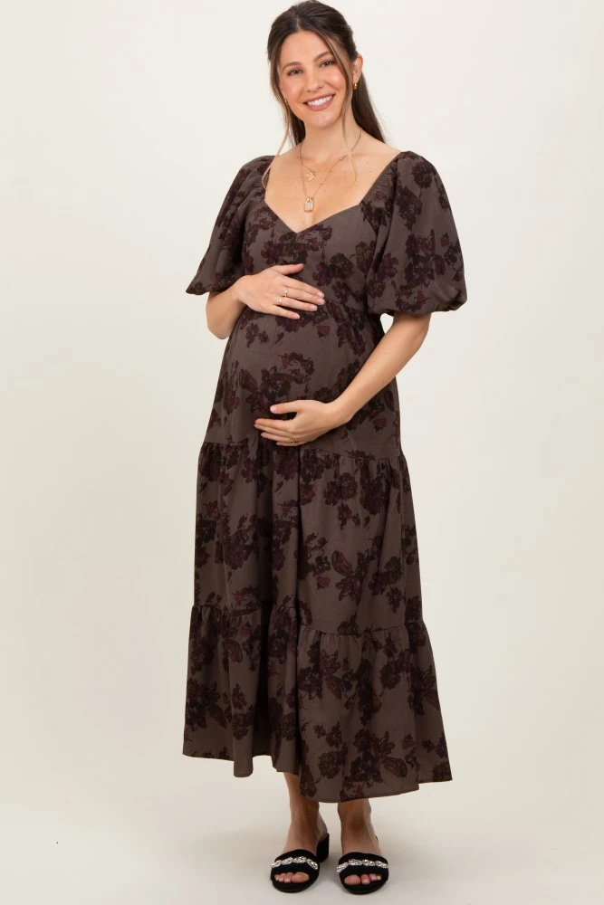 Taupe Floral Bubble Sleeve Tiered Maternity Maxi Dress