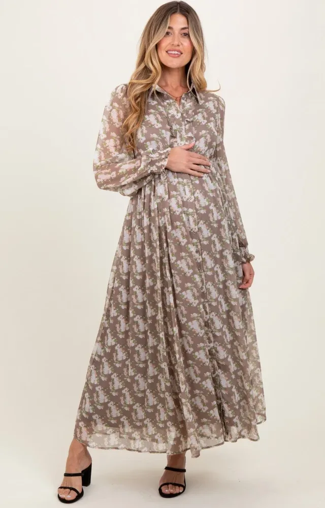 Taupe Floral Chiffon Ruffle Accent Button Down Maternity Maxi Dress