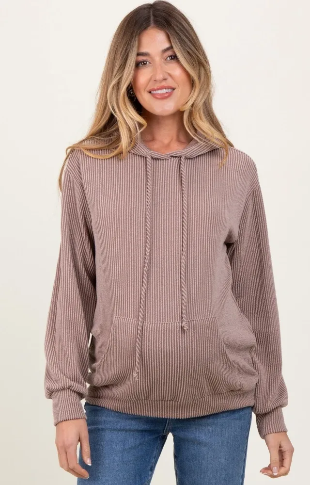 Taupe Ribbed Basic Drawstring Maternity Hoodie