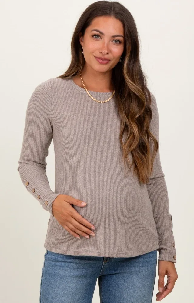 Taupe Ribbed Knit Button Detail Long Sleeve Maternity Top