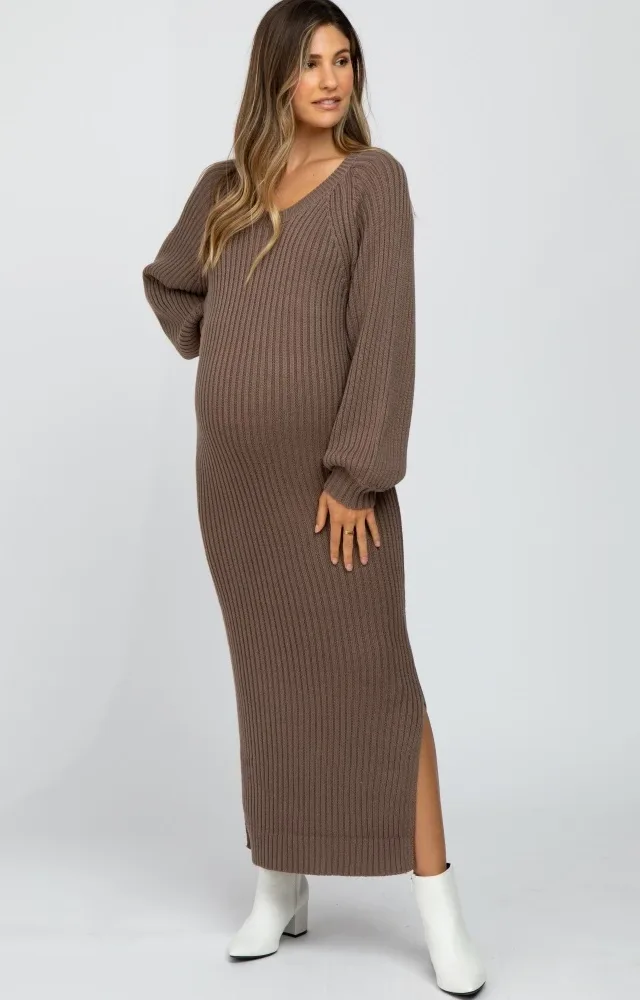 Taupe Side Slit Maternity Maxi Sweater Dress