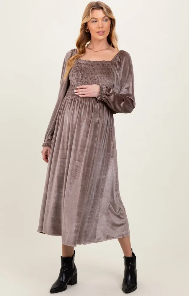 Taupe Velvet Smocked Long Sleeve Maternity Maxi Dress