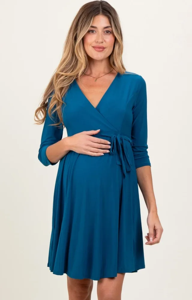 Teal 3/4 Sleeve Maternity/Nursing Sash Tie Wrap Dress