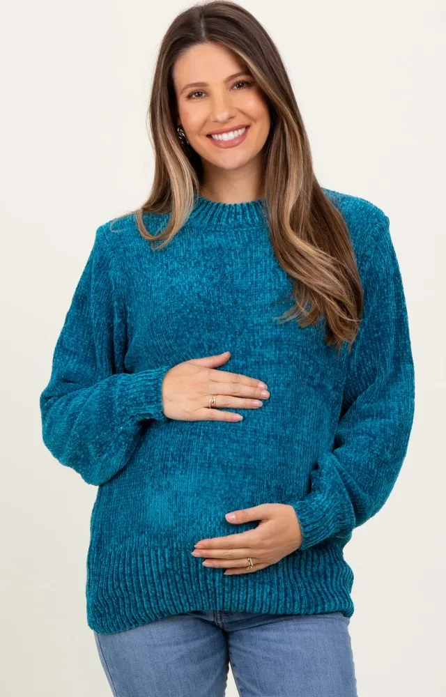 Teal Chenille Knit Maternity Sweater