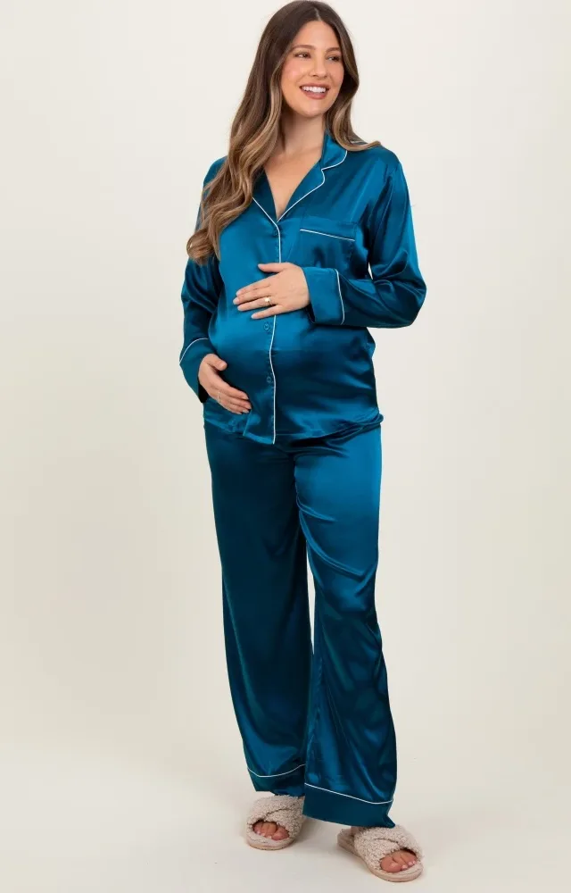 Teal Satin Contrast Trim Long Sleeve Maternity Pajama Set