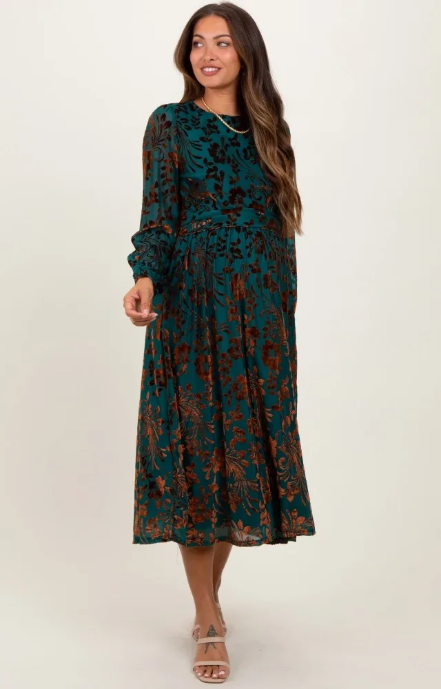 Teal Velvet Floral Overlay Maternity Midi Dress