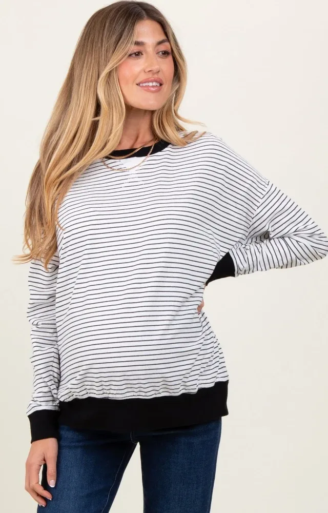 White Striped Oversized Crewneck Maternity Pullover