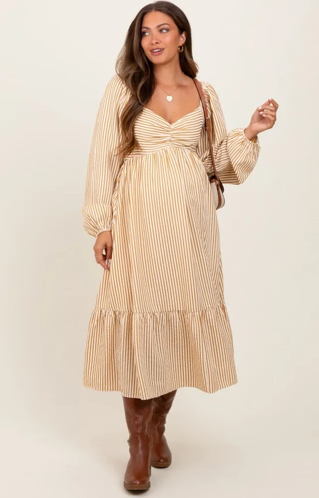 Yellow Striped Ruched Bodice Balloon Sleeved Maternity Midi Dress