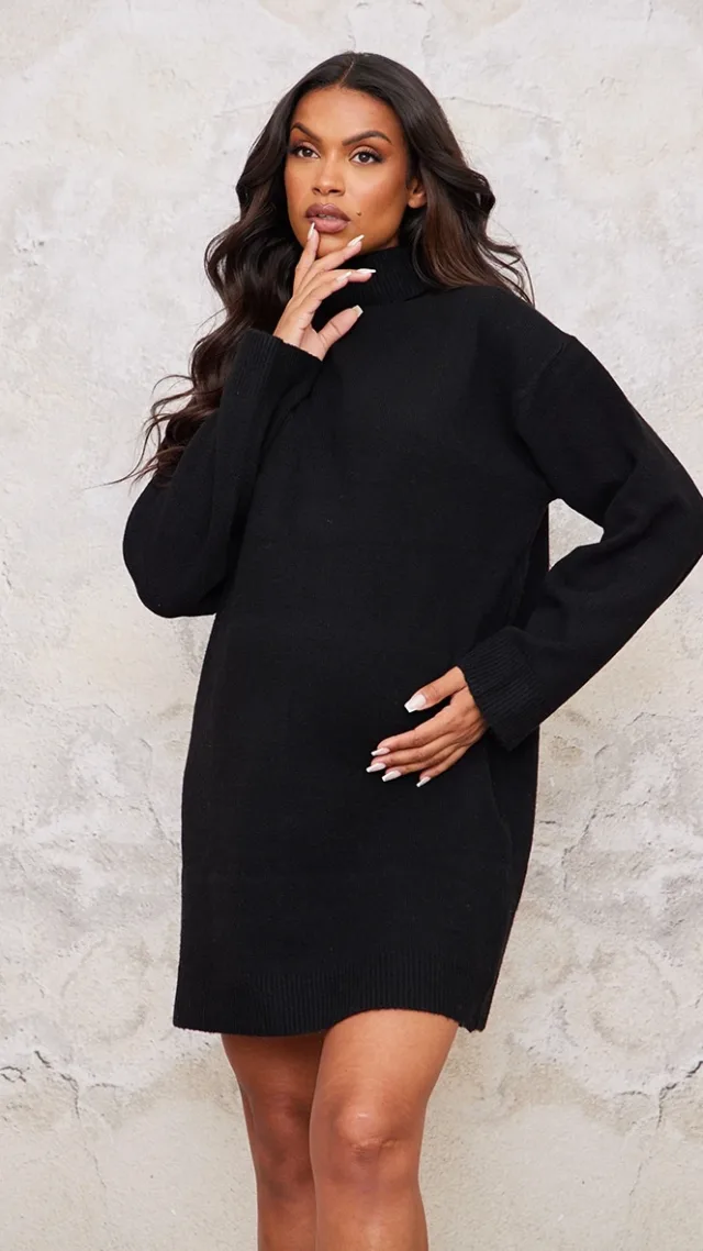 Maternity Black Soft Knit Roll Neck Oversized Seam Detail Sweater Dress