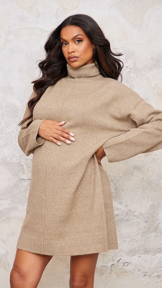 Maternity Mocha Soft Knit Roll Neck Oversized Seam Detail Sweater Dress