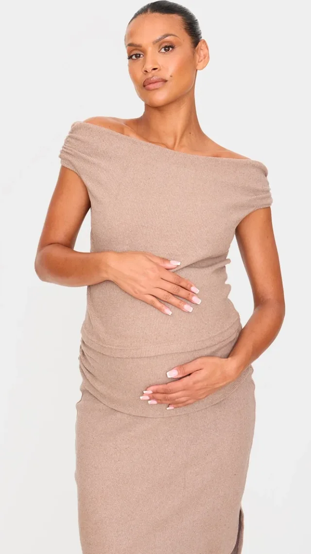 Maternity Taupe Brushed Rib Off The Shoulder Longline Top