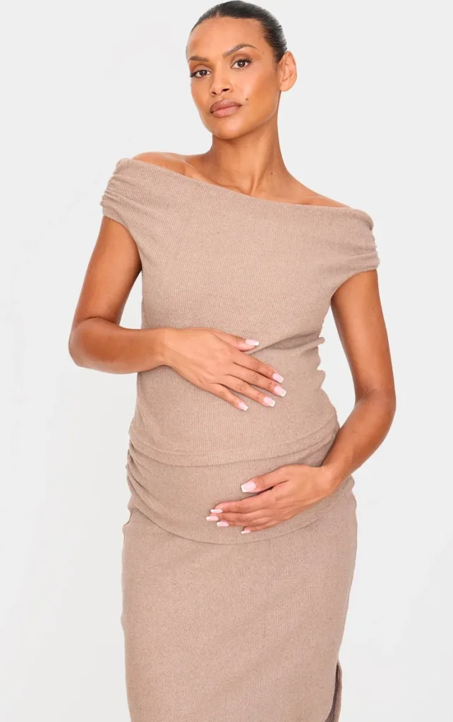 Maternity Taupe Brushed Rib Off The Shoulder Longline Top