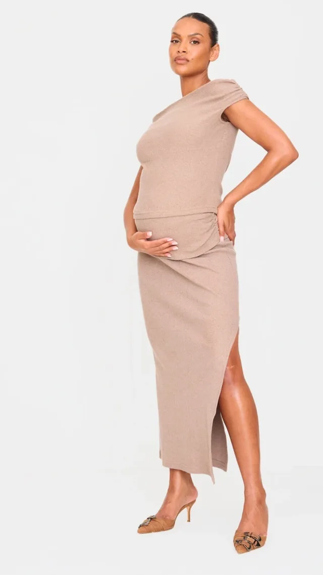 Maternity Taupe Brushed Rib Ruched Detail Foldover Maxi Skirt