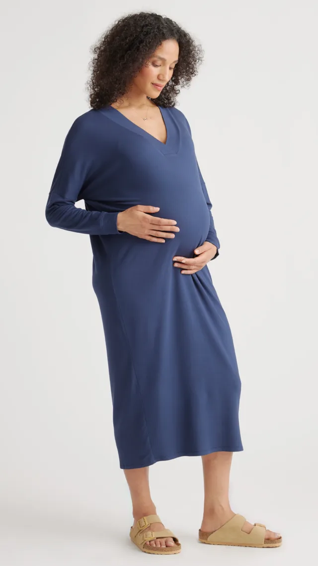 Navy French Terry Modal Maternity & Nursing Lounge Dress