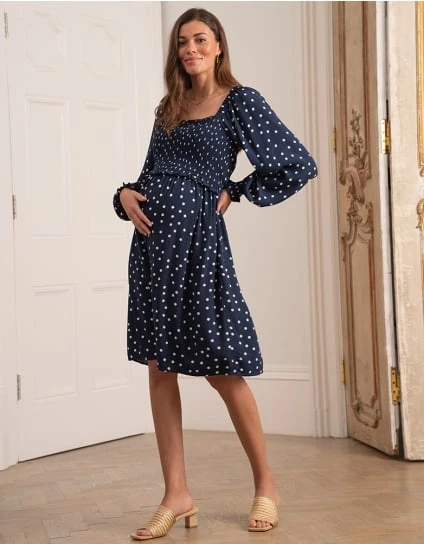 Griselda | Navy Polka Dot Shirred Maternity & Nursing Dress