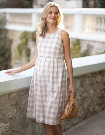 Mauve Gingham Cotton Maternity & Nursing Dress