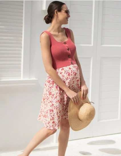 Romy | Coral Pink Double Layer Maternity & Nursing Dress