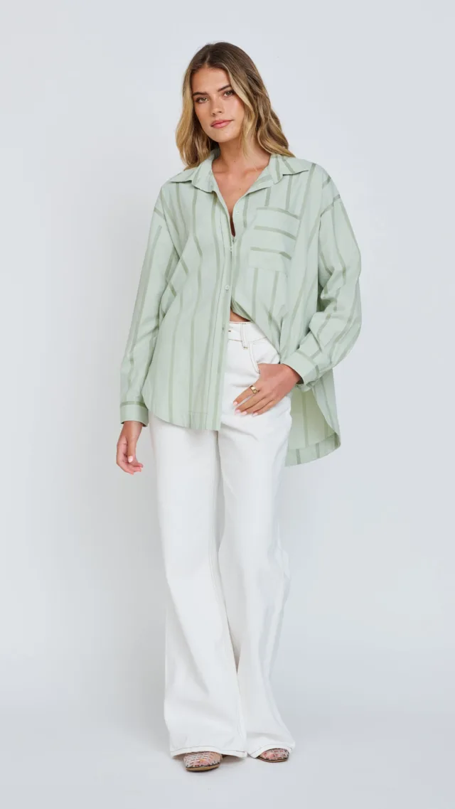 Morgan Stripe Wrap Button-Down Shirt - Mint