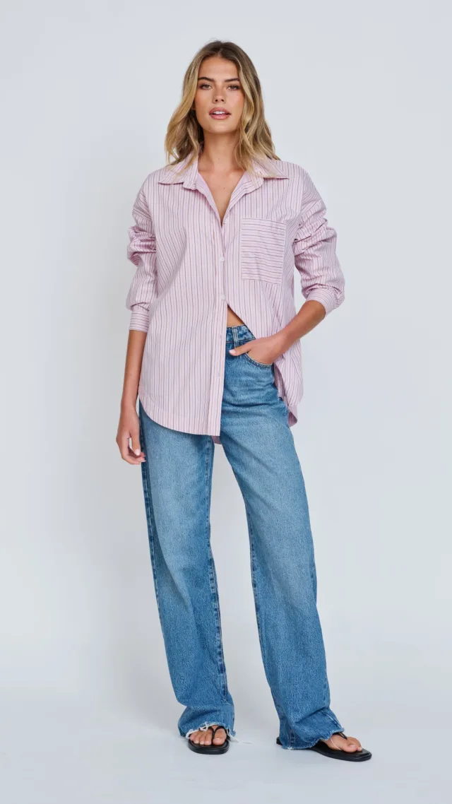 Morgan Stripe Wrap Button-Down Shirt - Pink Multi