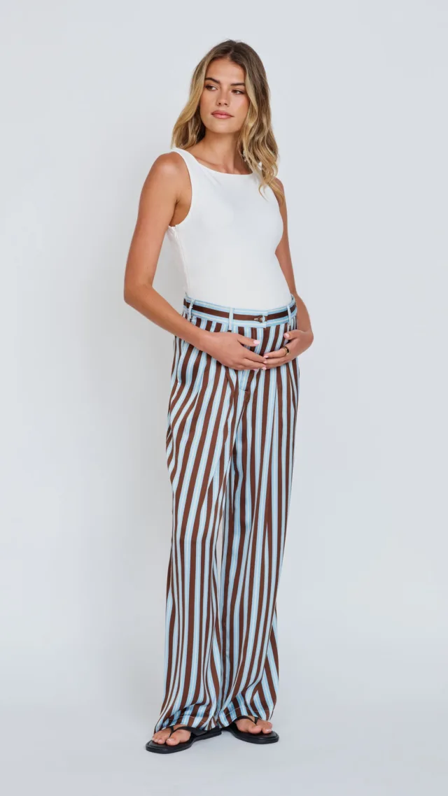 Roxie Stripe Adjustable-Waist Trouser - Chocolate / Blue / Cream