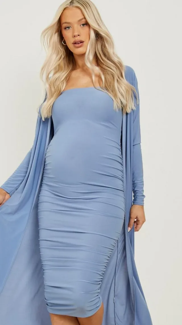 Baby Blue Maternity Square Neck Ruched Duster Dress Set