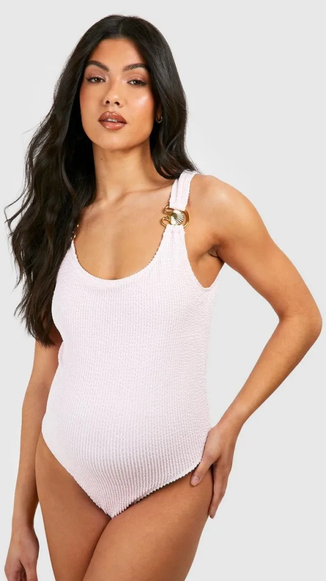 Baby Pink Maternity Crinkle O Ring Scoop Neck Swimsuit