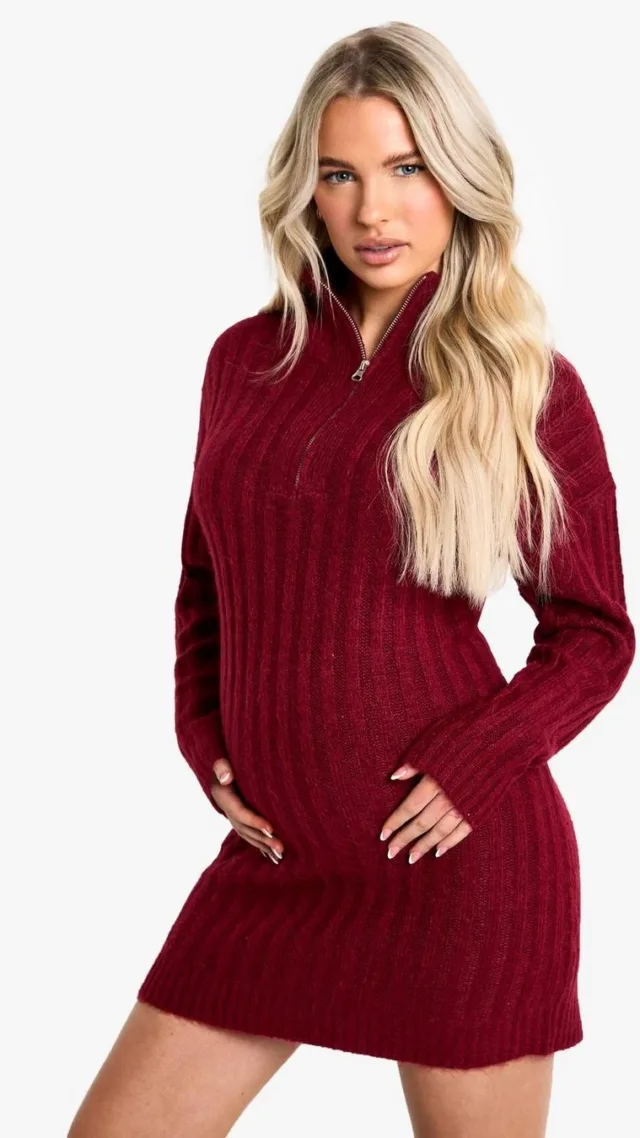 Berry Maternity Soft Knit Thick Rib Zip Neck Oversize Mini Dress