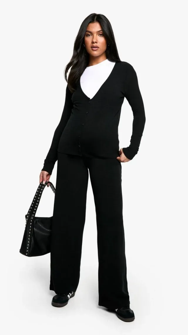 Black Maternity Rib Wide Leg Trouser