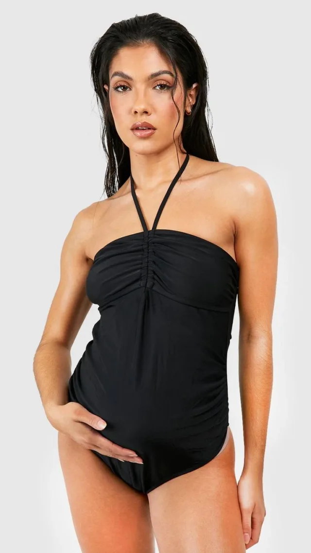 Black Maternity Ruched Bandeau Tie Swimsuit