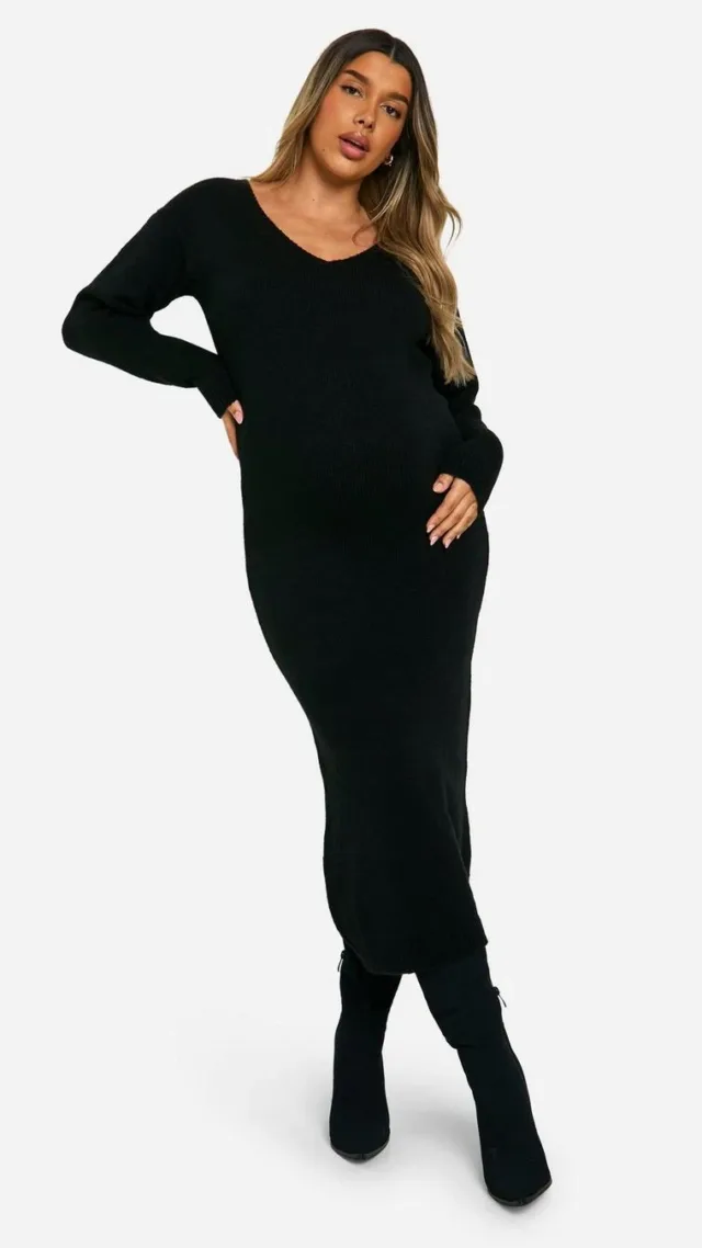 Black Maternity Slouchy Soft Knit Maxi Knitted Dress