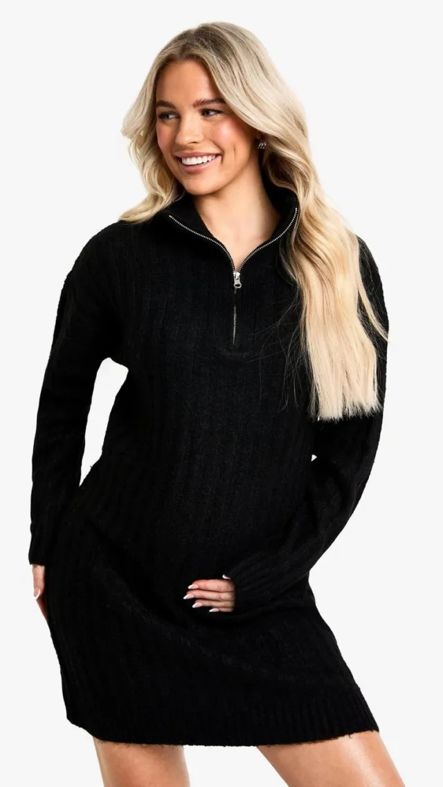 Black Maternity Soft Knit Thick Rib Zip Neck Oversize Mini Dress