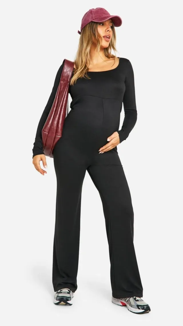 Black Maternity Square Neck Super Soft Ribbed Jumpsuit