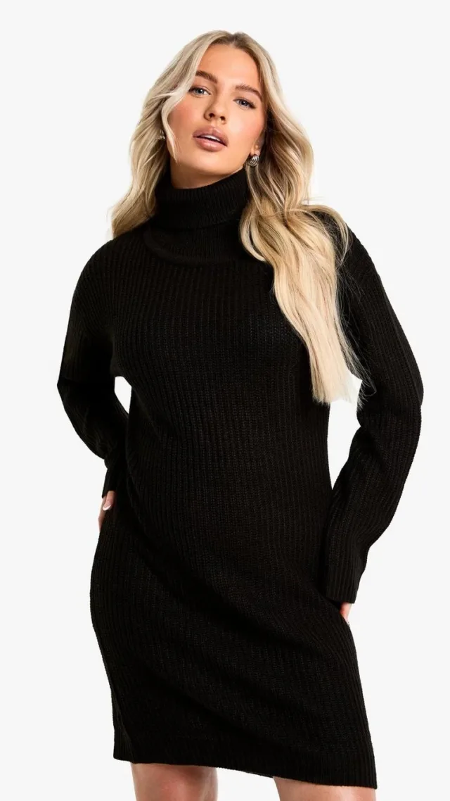 Black Maternity Turtleneck Mini Sweater Dress