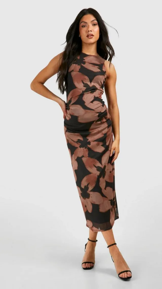 Brown Maternity Sleeveless Midi Floral Burnout Mesh Dress