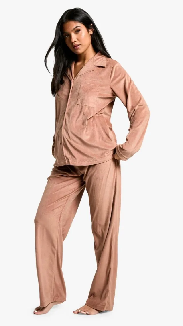 Caramel Maternity Velour Fleece Button Up Pj Set