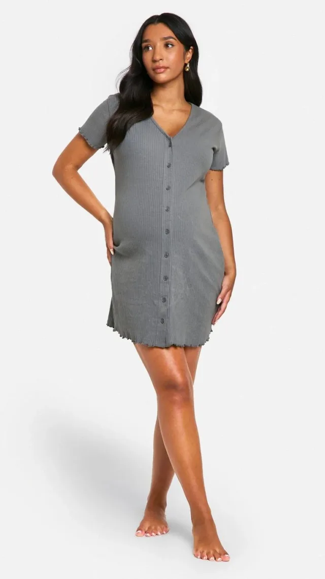 Charcoal Maternity Ribbed Button Down Nightgown