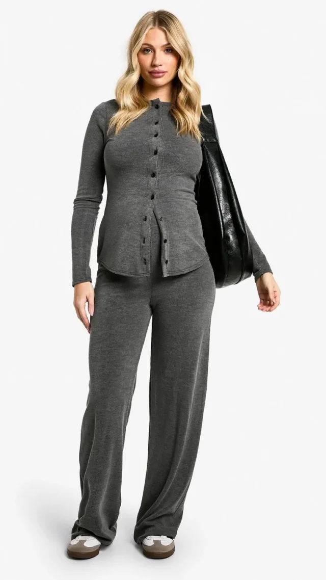 Charcoal Maternity Soft Knit Button Cardigan & Wide Leg Pants