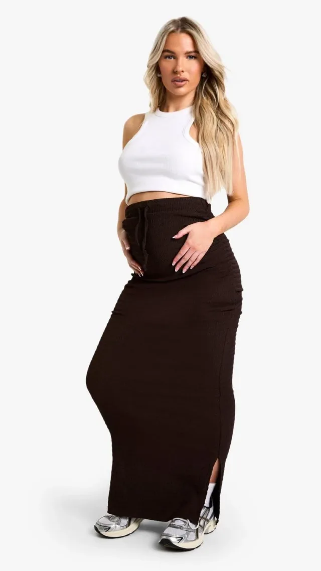 Chocolate Maternity Textured Elasticated Waist Drawstring Maxi Skirt