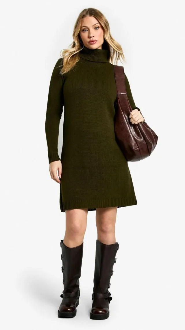 Dark Olive Maternity Knitted Turtleneck Dress