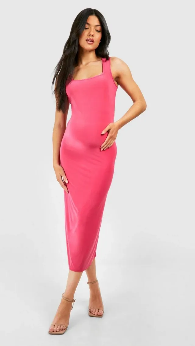 Dark Pink Maternity Sleeveless Square Neck Slinky Midi Dress