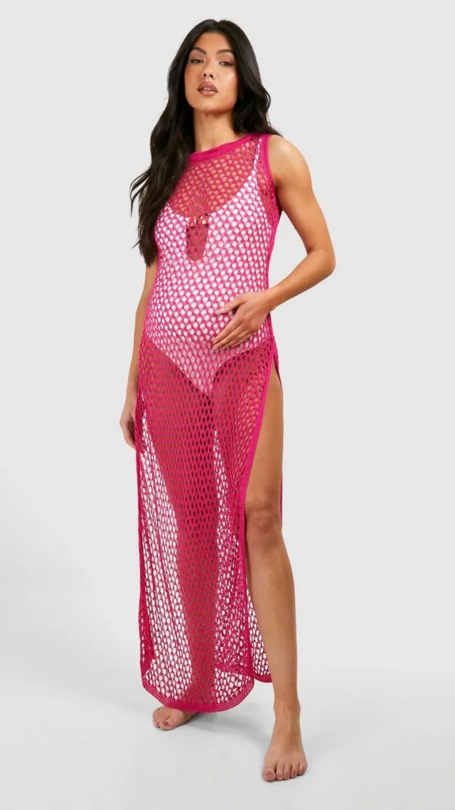 Fuchsia Maternity Crochet Beach Maxi Dress